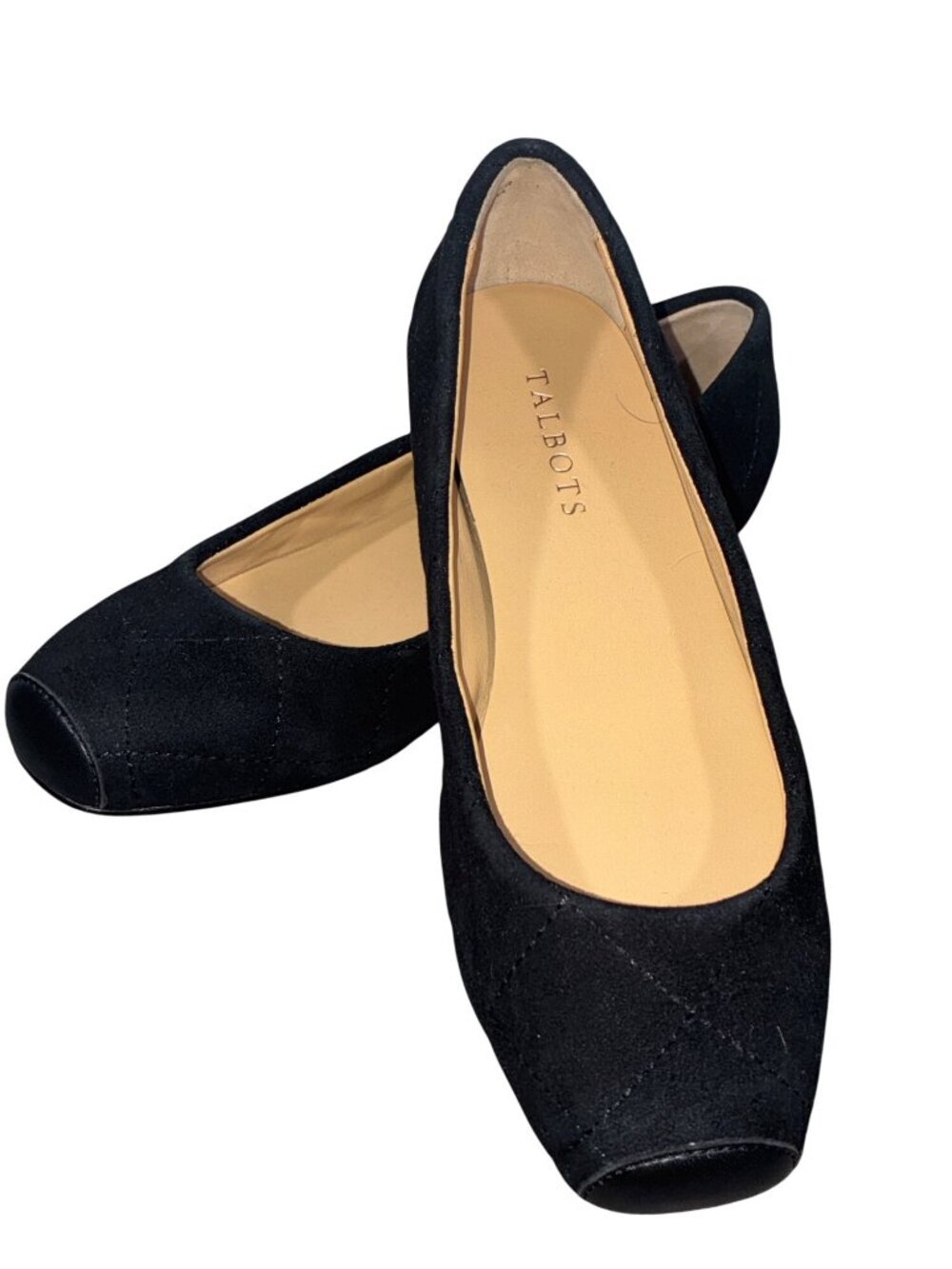 Black Talbots Quilted Suede Ballet Flats Leather Cap Toe square Size 7M